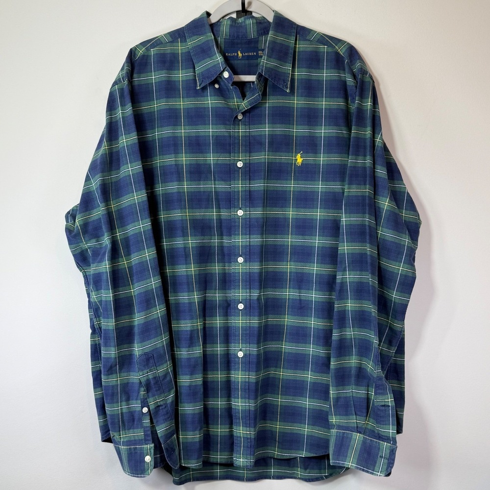 Ralph Lauren Plaid Button Down Men's XXL Navy Green Pony Logo Tartan Timeless - Picture 1 of 8